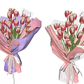 Decorative Ornament Arrangement with Pink Purple Wrapping Paper Tulips Bouquet and Ribbon Decoration