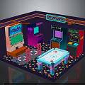 Vibrant Retro Arcade Room with Multiple Electronic Gaming Machines Air Hockey Table and Neon Signs