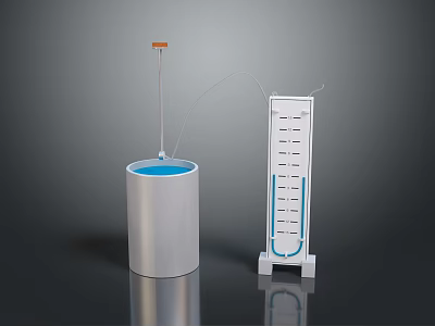 Household Product White Cylindrical Container Blue Liquid Orange Top Connecting Tube Vertical Device Measurement Scale 3d model