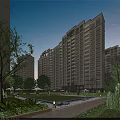 Modern High Rise Residential Building With Green Courtyard And Landscaped Trees