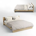 Modern Double Bed With Wooden Frame And Light Beige Bedding Design 3d model