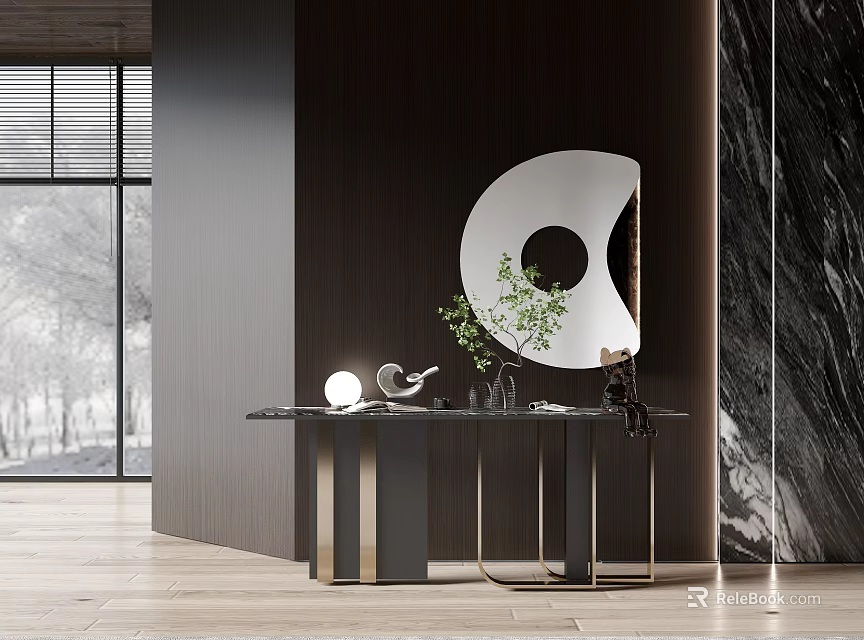 Elegant Modern Console Table With Marble Top Green Plant Round Mirror And Wooden Background 3d model 