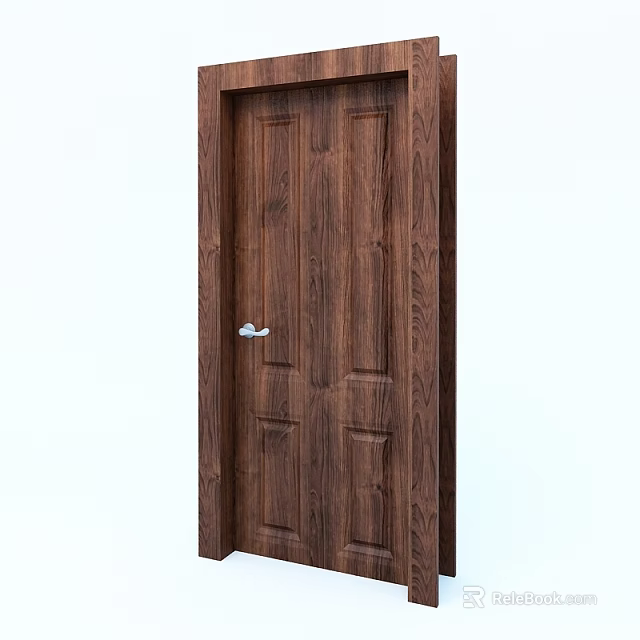 Wooden Swing Door With Classic Panel Design And Silver Metal Handle 3d model 