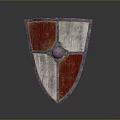Medieval Shield as Defensive Weapon With Red and White Sections Metal Boss and Worn Surface