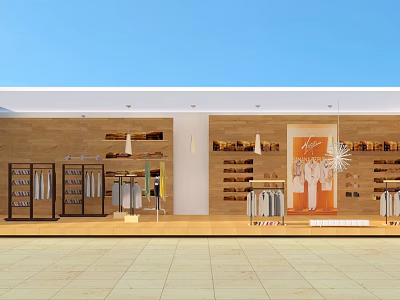 Modern Clothing Store Interior With Wooden Walls Shelves Hanging Clothes And Lighting 3d model