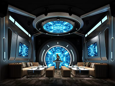 Modern Futuristic KTV Room with Circular LED Lighting Large Screens Comfortable Sofas and Entertainment Setup 3d model