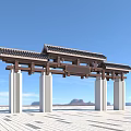 Traditional Chinese Memorial Archway With Tile Roof Wooden Beams And Stone Pillars In Open Square