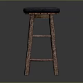 Rustic Wooden Bar Stool With Dark Blue Padded Seat And Textured Legs