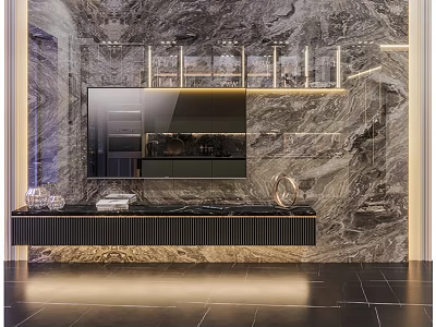 Modern Luxury TV Background Wall Design With Marble Texture And LED Strip Lighting 3d model
