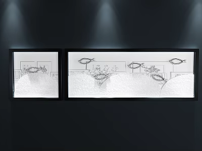 Two Black Framed Abstract Paintings With Line Art Fish Motifs On White Background Illuminated 3d model