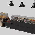 Sweet Shop Display Counter With Glass Cases Various Desserts Bread Cakes And Pendant Lighting