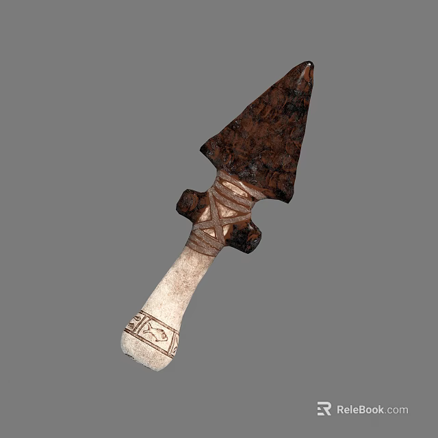 Ancient Stone Spearhead With Woven Straps And Carved Handle Patterns 3d model 