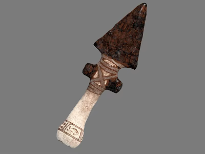 Ancient Stone Spearhead With Woven Straps And Carved Handle Patterns 3d model