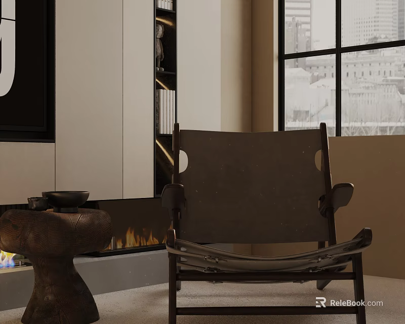 Stylish Leisure Chair In Cozy Living Interior With Wooden Frame Fireplace And Large Window View 3d model 
