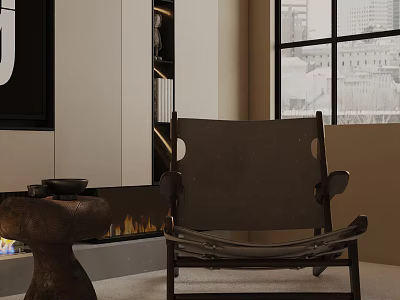 Stylish Leisure Chair In Cozy Living Interior With Wooden Frame Fireplace And Large Window View 3d model