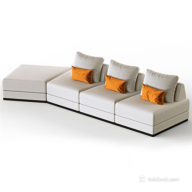 Modern Light Gray Sectional Sofa With Orange Cushions And L Shaped Design 3d model