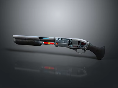 Modern Tactical Shotgun With Silver Barrel Black Grip And Colored Stripes On Gray Reflective Surface 3d model