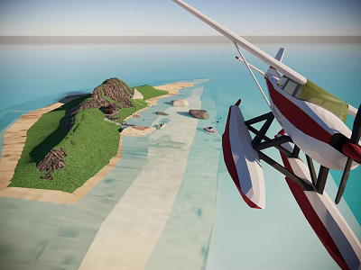 3D Rendered Island Garden Landscape With Green Grass Sandy Beach Water Area And Seaplane 3d model
