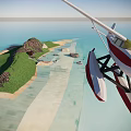 3D Rendered Island Garden Landscape With Green Grass Sandy Beach Water Area And Seaplane