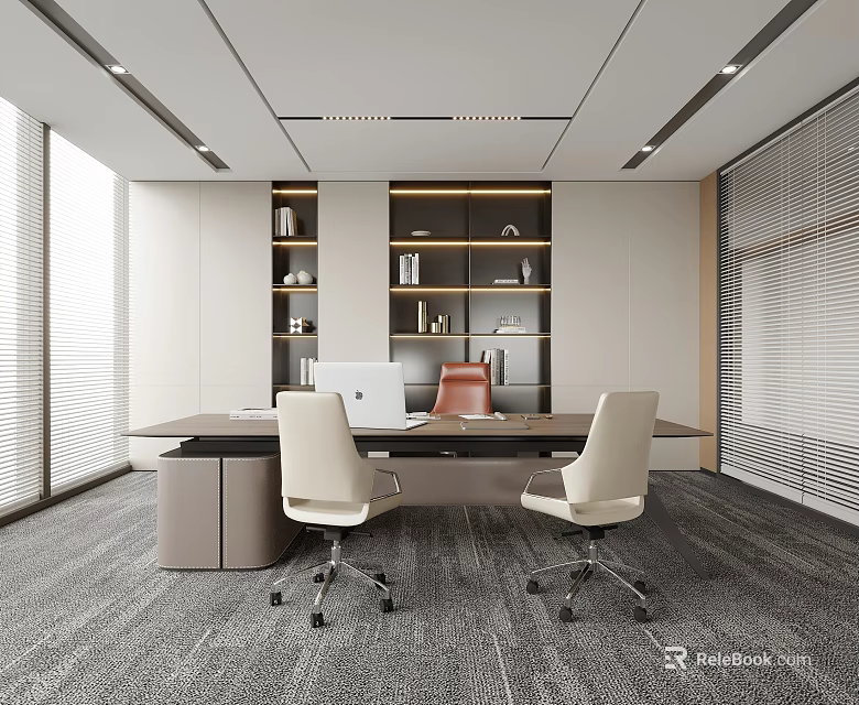 Modern Office Interior With Wooden Desk White Chairs And Bookshelves Large Windows And Recessed Lighting 3d model 