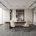 Modern Office Interior With Wooden Desk White Chairs And Bookshelves Large Windows And Recessed Lighting