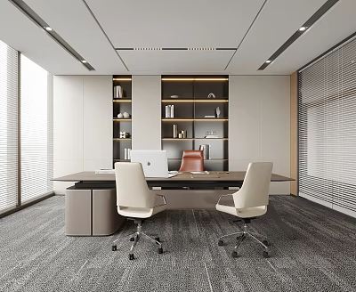 Modern Office Interior With Wooden Desk White Chairs And Bookshelves Large Windows And Recessed Lighting 3d model