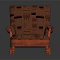 Red Upholstered Armchair With Patterned Fabric And Carved Wooden Legs