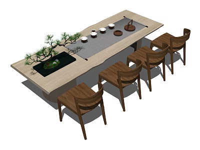Natural Wooden Tea Table and Chairs with Tea Set Small Potted Plant and Simple Design 3d model