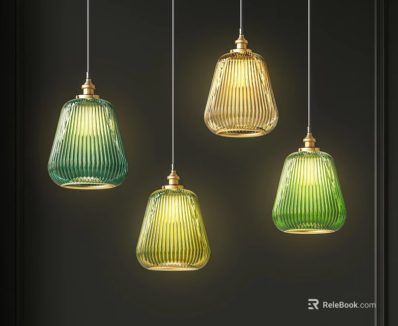 Modern Hanging Pendant Lights With Striped Glass Shades In Green And Yellow Tones 3d model 