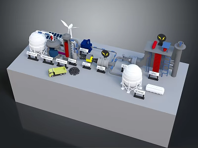 Industrial Equipment Model With Wind Turbine Water Towers And Pipes 3d model