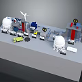 Industrial Equipment Model With Wind Turbine Water Towers And Pipes
