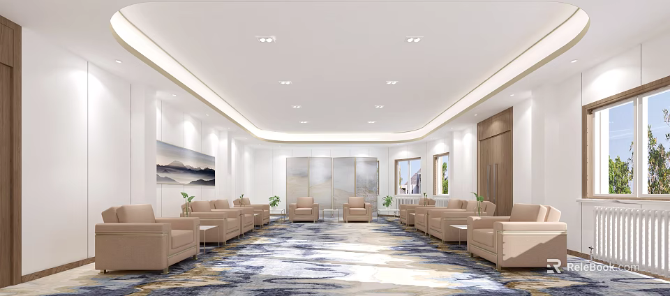 Modern Hotel Public Lounge With Beige Sofas Landscape Painting Large Rug And Windows 3d model 