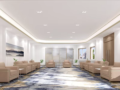 Modern Hotel Public Lounge With Beige Sofas Landscape Painting Large Rug And Windows 3d model