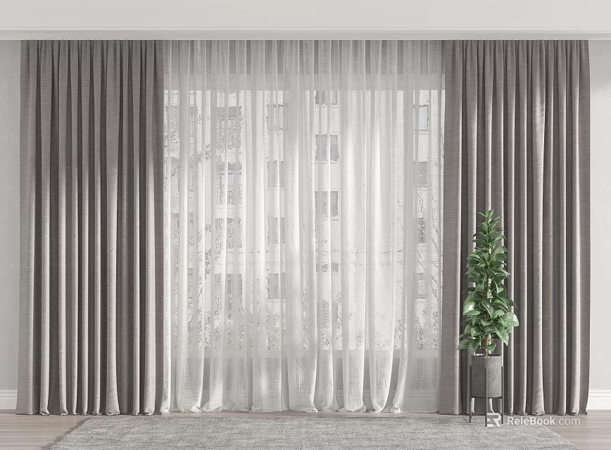 Gray Curtains And Sheer Window Panels With Indoor Floor Plant Decoration 3d model 