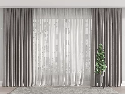 Gray Curtains And Sheer Window Panels With Indoor Floor Plant Decoration 3d model