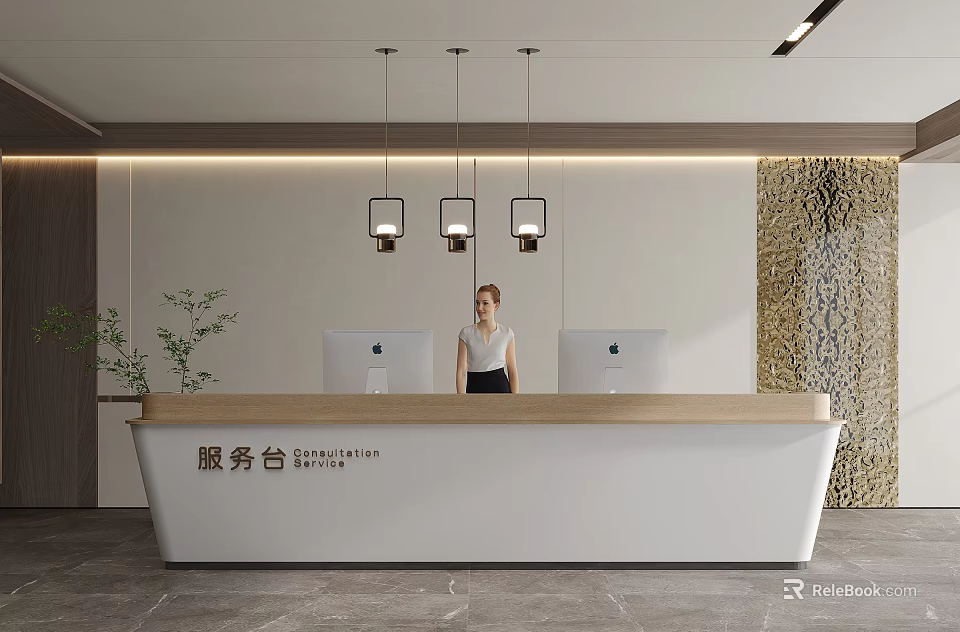 Minimalist Reception Desk With Female Receptionist Two Computer Monitors Hanging Lights And Textured Accent Wall 3d model 