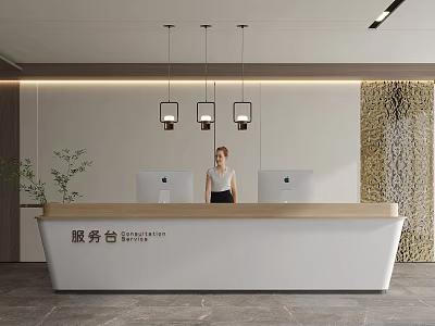 Minimalist Reception Desk With Female Receptionist Two Computer Monitors Hanging Lights And Textured Accent Wall 3d model