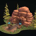 Rocky Mine Entrance Scene with Rail Tracks Mine Cart Blue Flame Torches and Pine Trees