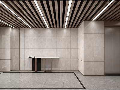 Modern Elevator Lobby With Striped Wooden Ceiling Light Stone Walls Tiled Floor And Console Table 3d model