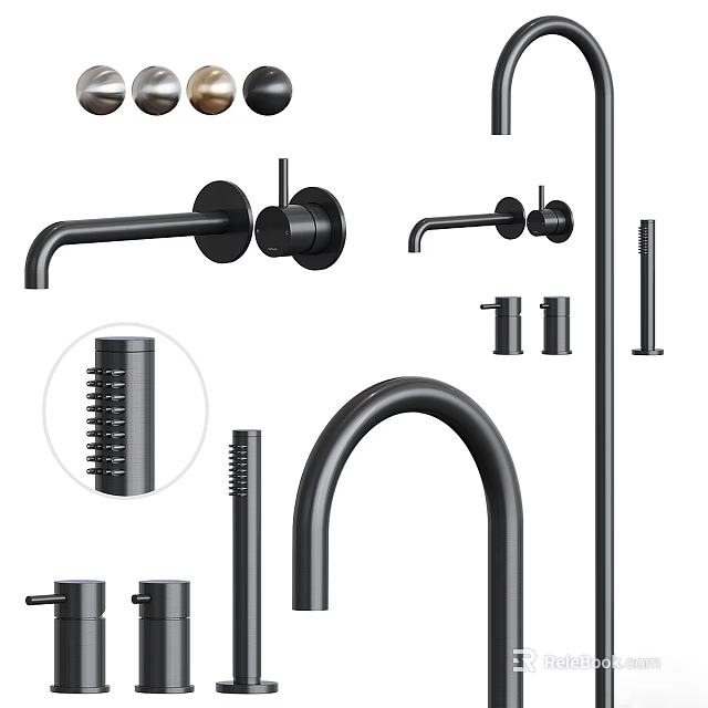 Modern Stylish Black Faucet Components With Handles Spouts Spray Heads And Pipes 3d model 
