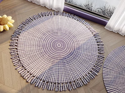Round Woven Rug With Fringes And Sunflower On Wooden Floor 3d model