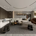 Modern Living and Dining Room Interior With White Sofa Coffee Table And Herringbone Rug