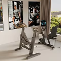 Fitness Equipment in Indoor Gym with Stationary Bikes Digital Screens Athlete Posters and Window Greenery