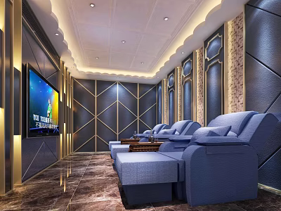 Luxurious KTV Room Interior With Blue Sofas Large Screen TV Decorative Walls And Marble Floor 3d model