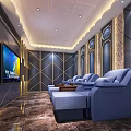 Luxurious KTV Room Interior With Blue Sofas Large Screen TV Decorative Walls And Marble Floor