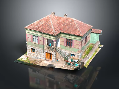 Traditional Village House Model With Red Tiled Roof Green Beige Walls Porch And Stairs 3d model