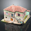 Traditional Village House Model With Red Tiled Roof Green Beige Walls Porch And Stairs