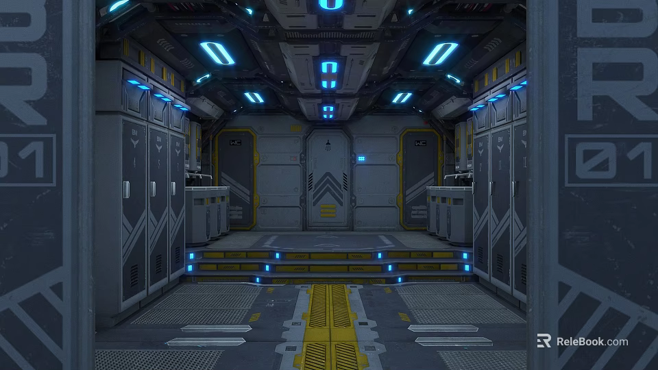 Cartoon Scene of Vibrant Futuristic Interior with Blue Lights and Metallic Structures 3d model