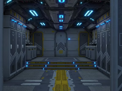 Cartoon Scene of Vibrant Futuristic Interior with Blue Lights and Metallic Structures 3d model