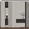 Modern Entryway Shoe Cabinet Design Featuring Light Dark Panels Decorative Sculpture And Green Plant